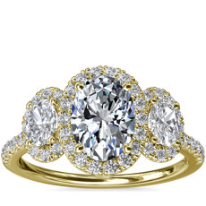 Three-Stone Oval Halo Diamond Engagement Ring in 14k Yellow Gold